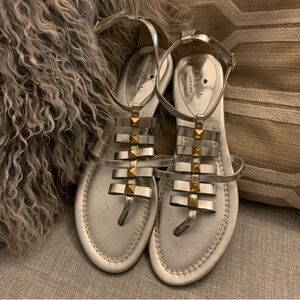 KATE SPADE NEW Metallic Leather Stud Bow Sandals 8.5 Silver